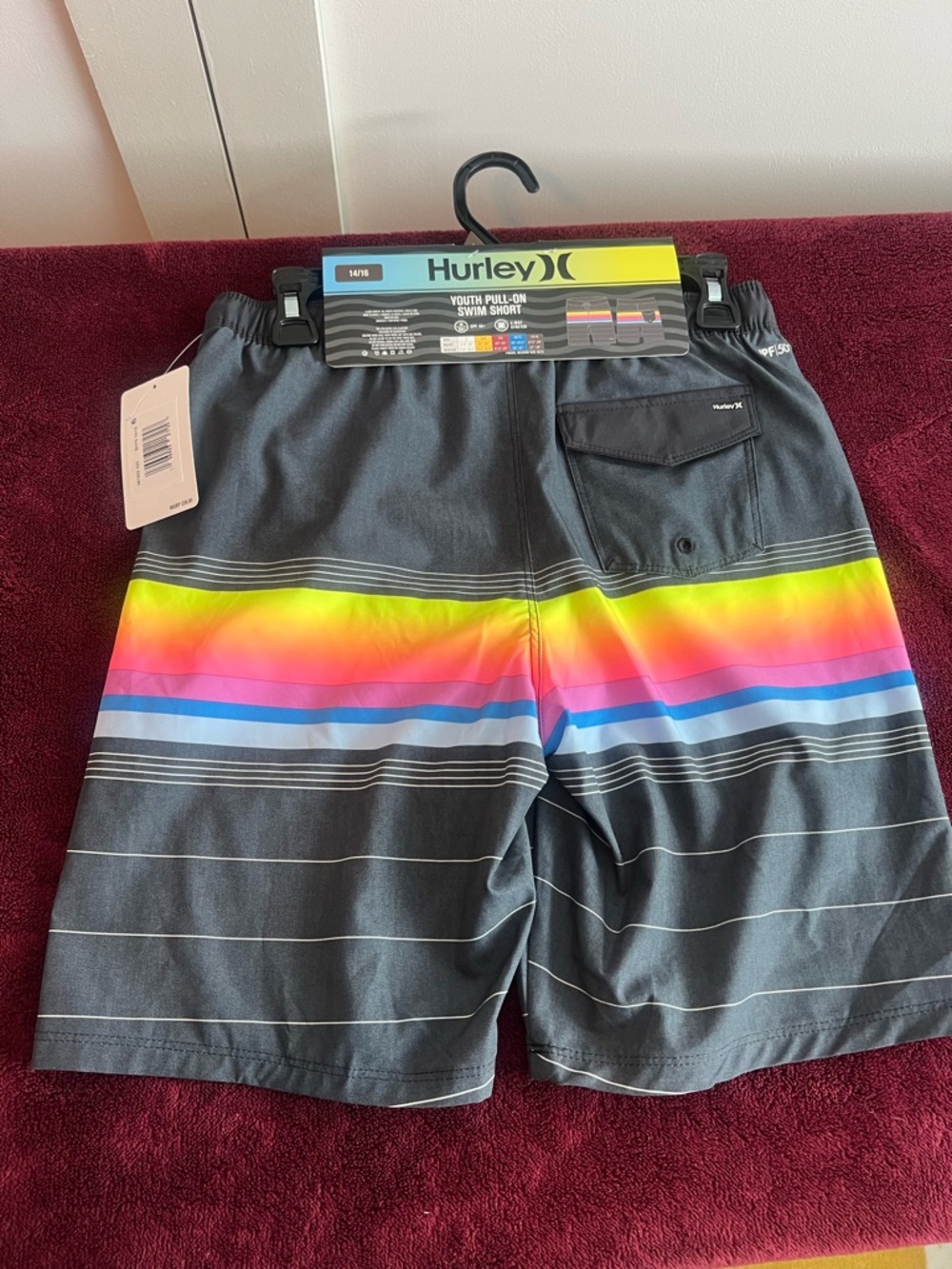 Hurley Kids Black Swim Trunks with Neon Rainbow Stripe